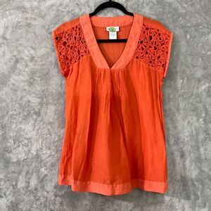 Soft Surroundings Blouse top Women’s Size S Orange Silk Blend crochet Sleeve
